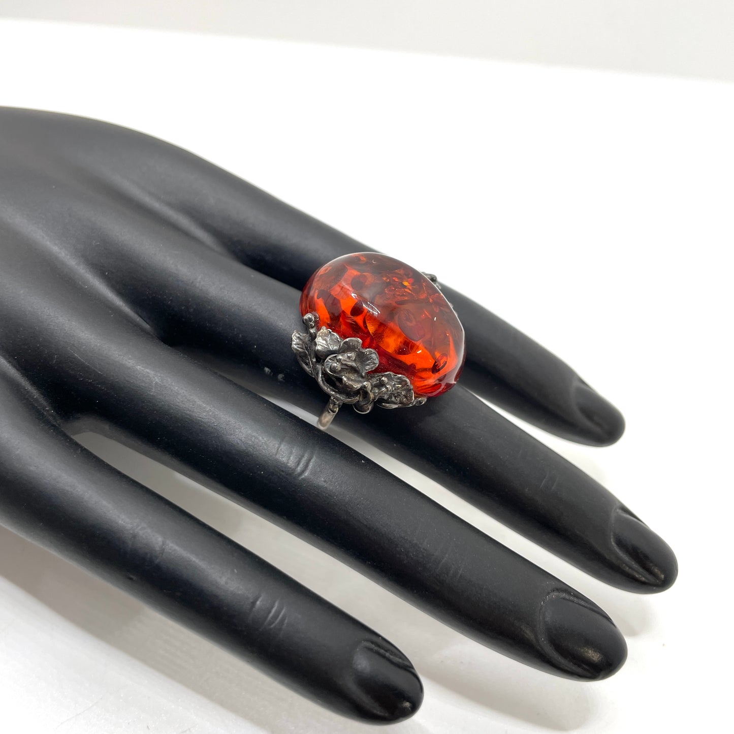 Vintage Sterling Silver & Large Amber Ring - Size 6.5