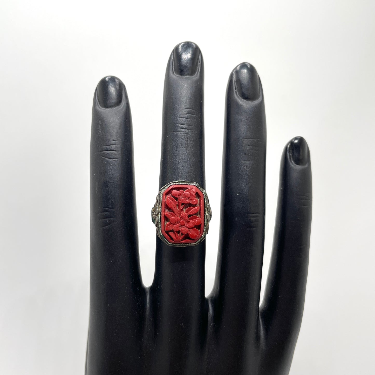 Vintage Carved Cinnabar Ring - Adjustable Size