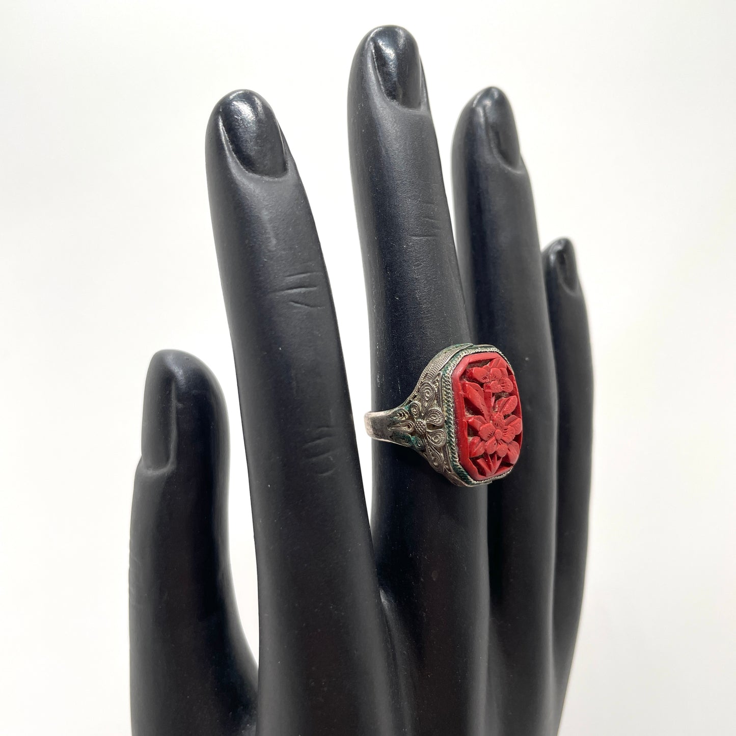 Vintage Carved Cinnabar Ring - Adjustable Size
