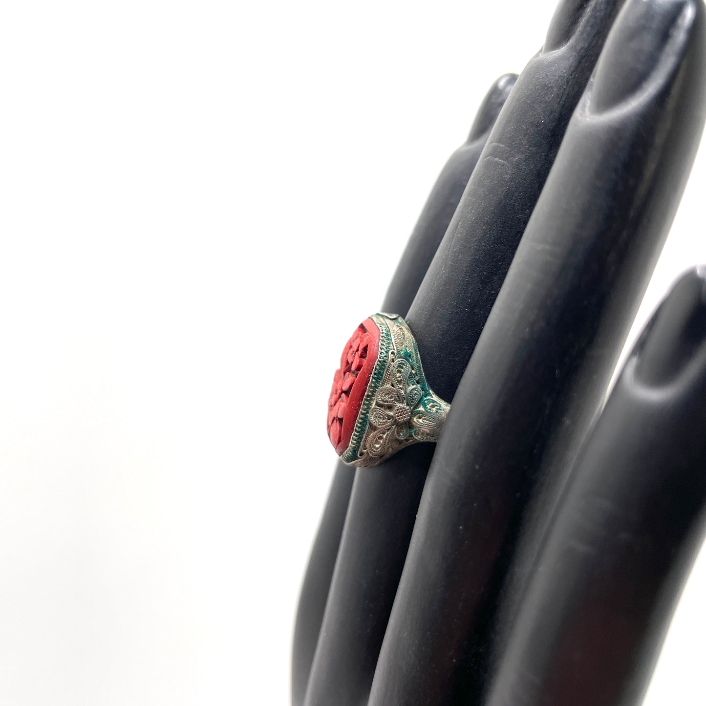 Vintage Carved Cinnabar Ring - Adjustable Size