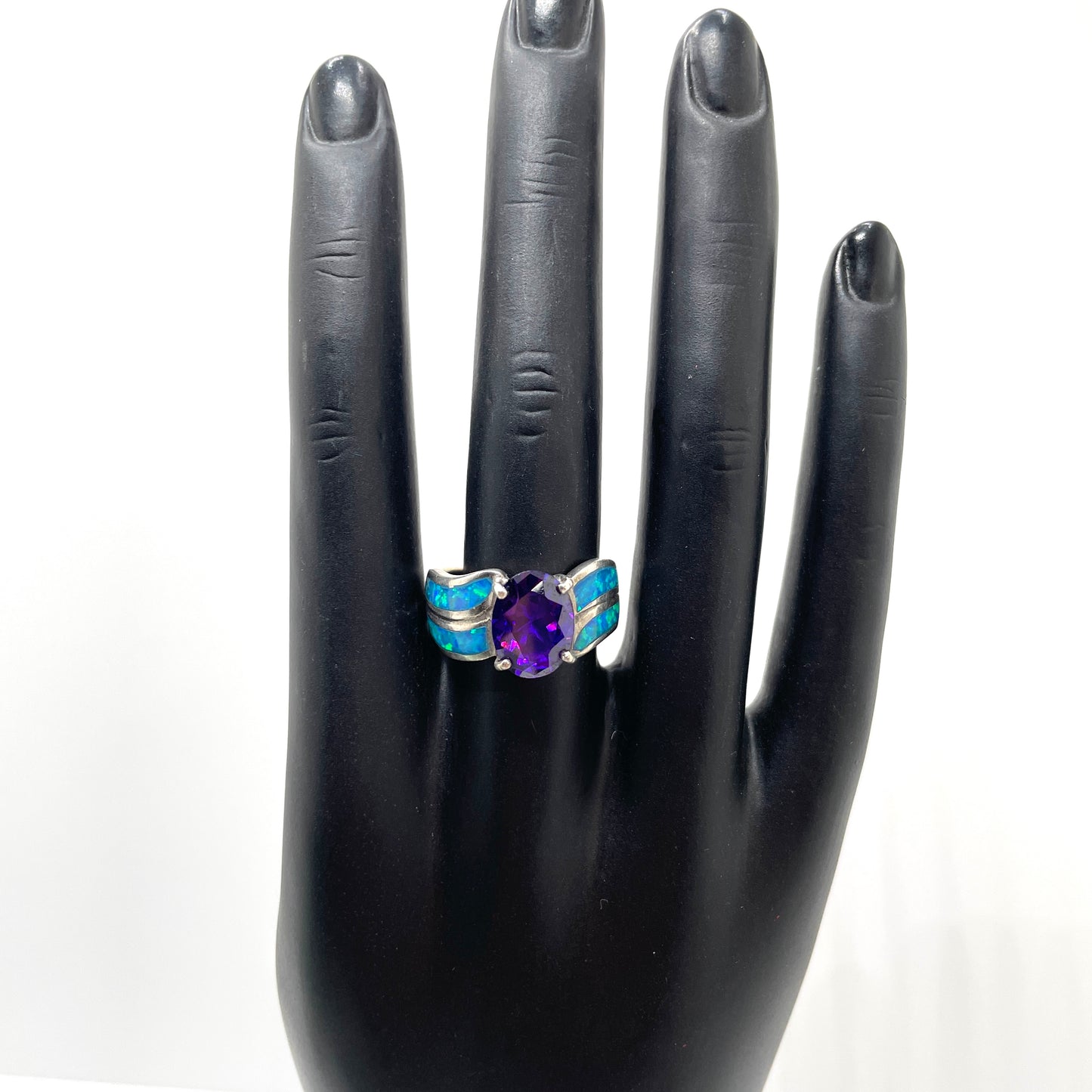 Vintage Opal & Amethyst Sterling Silver Ring - Size 9