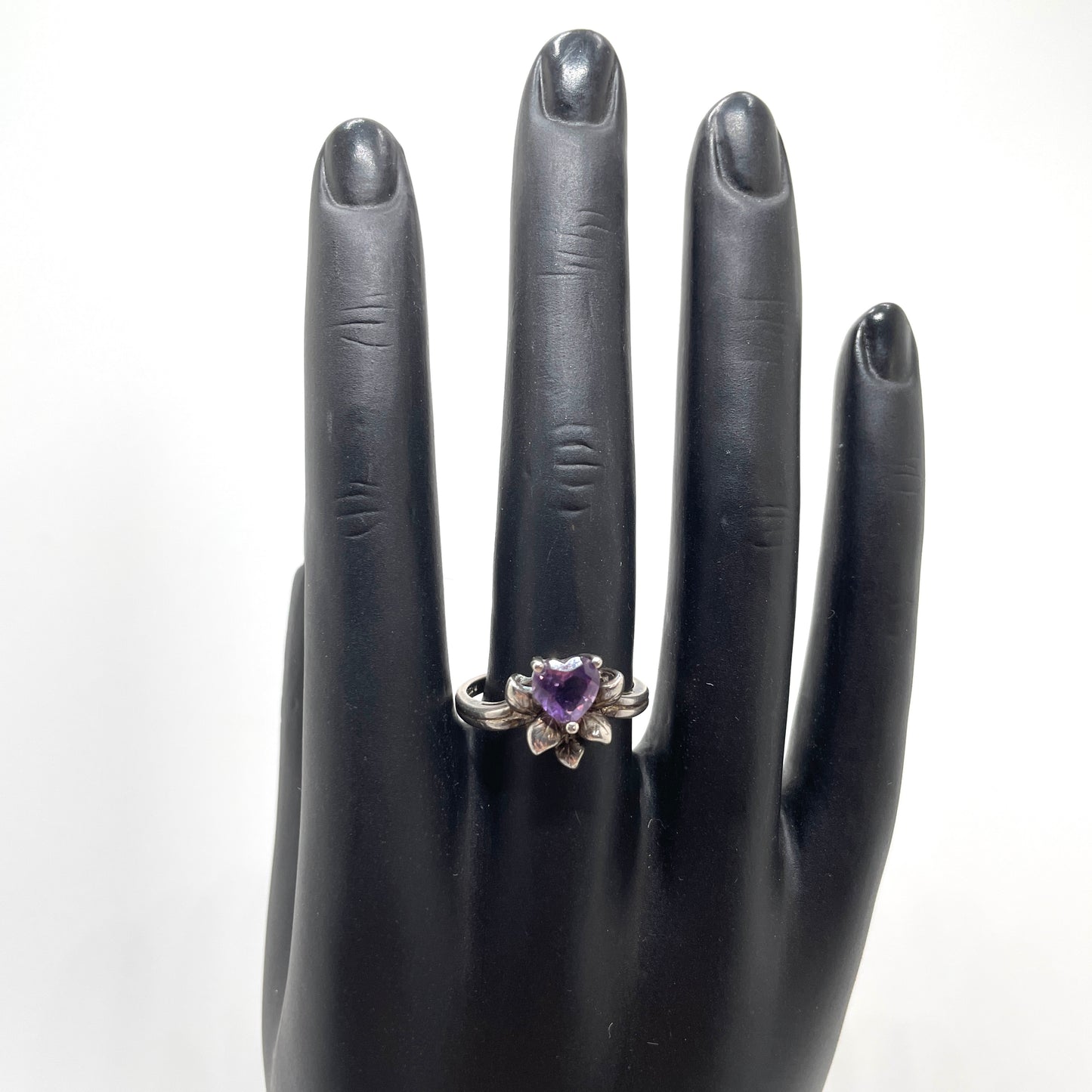 Vintage Sterling Silver Amethyst Heart Ring - Size 9