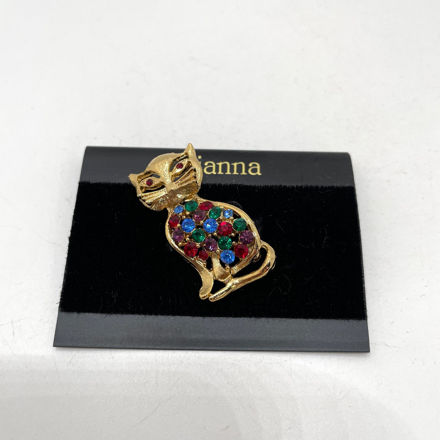 Vintage Cat Pin with Colored Crystals