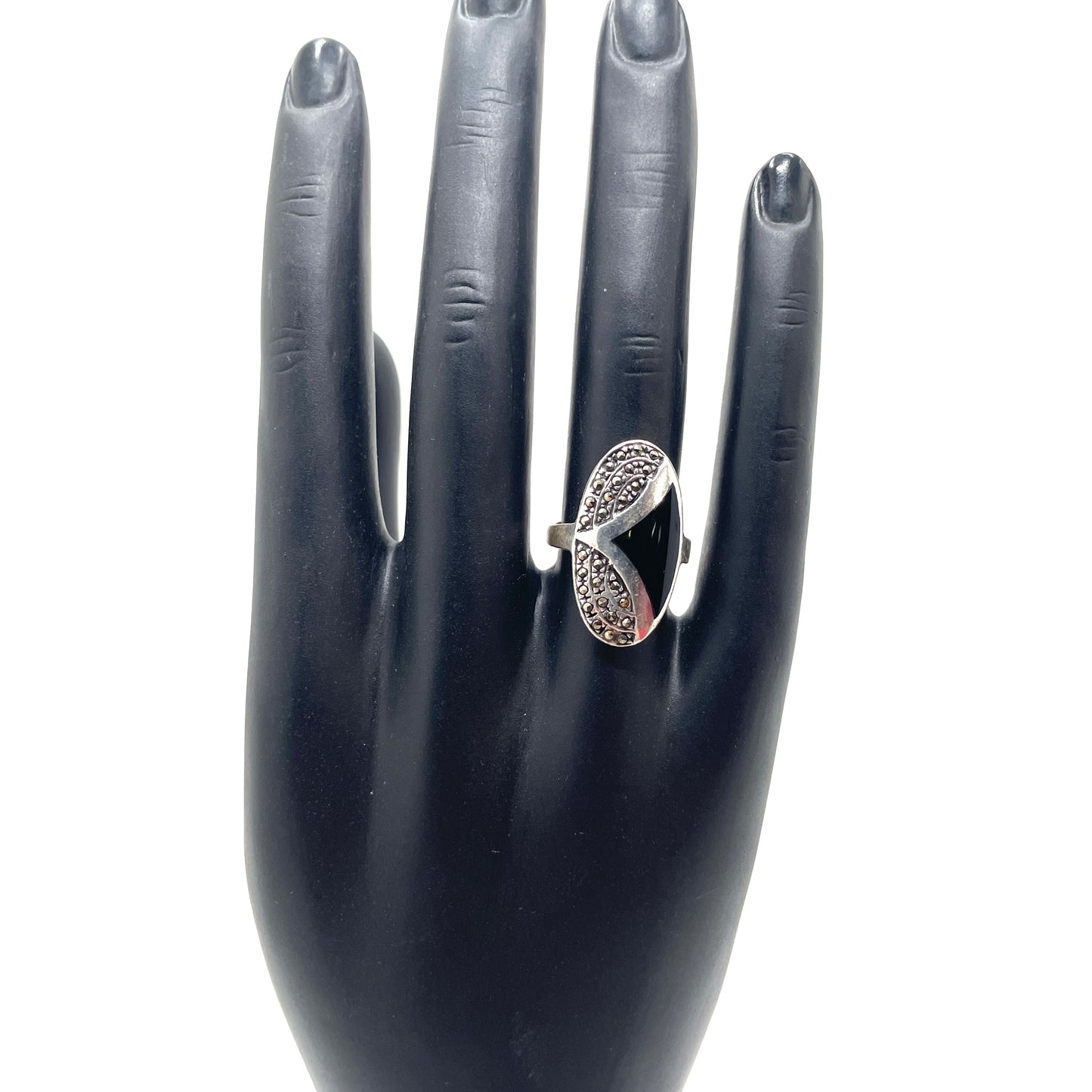 Sterling Silver, Black Onyx, & Marcasite Ring - Size 5.75