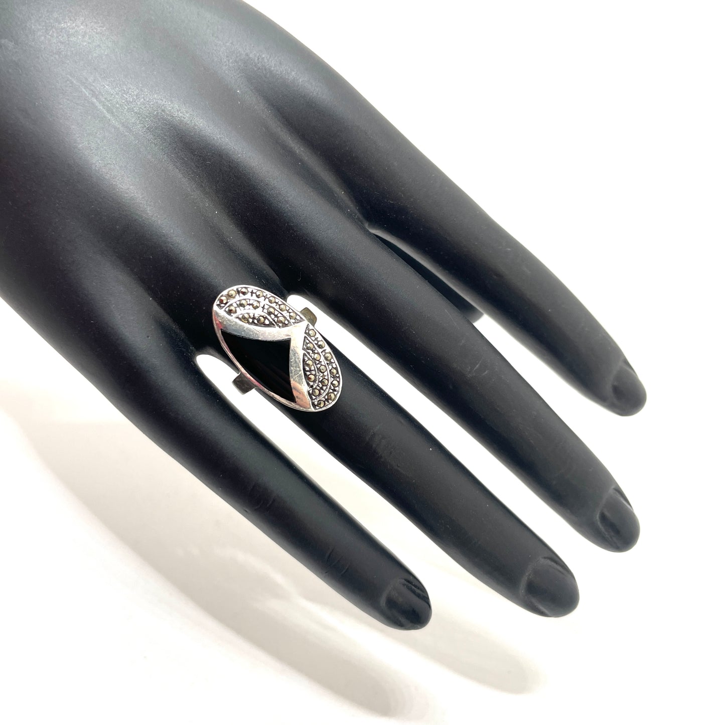 Sterling Silver, Black Onyx, & Marcasite Ring - Size 5.75