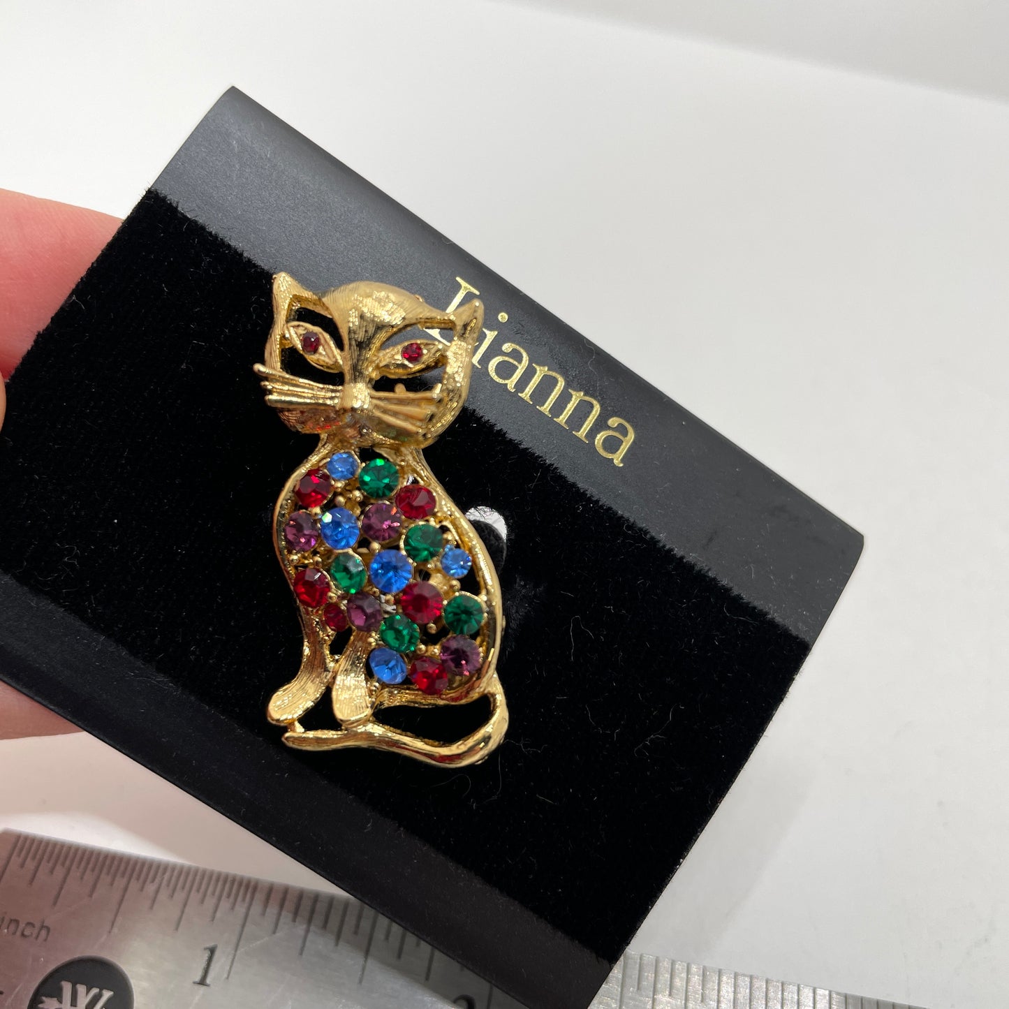 Vintage Cat Pin with Colored Crystals