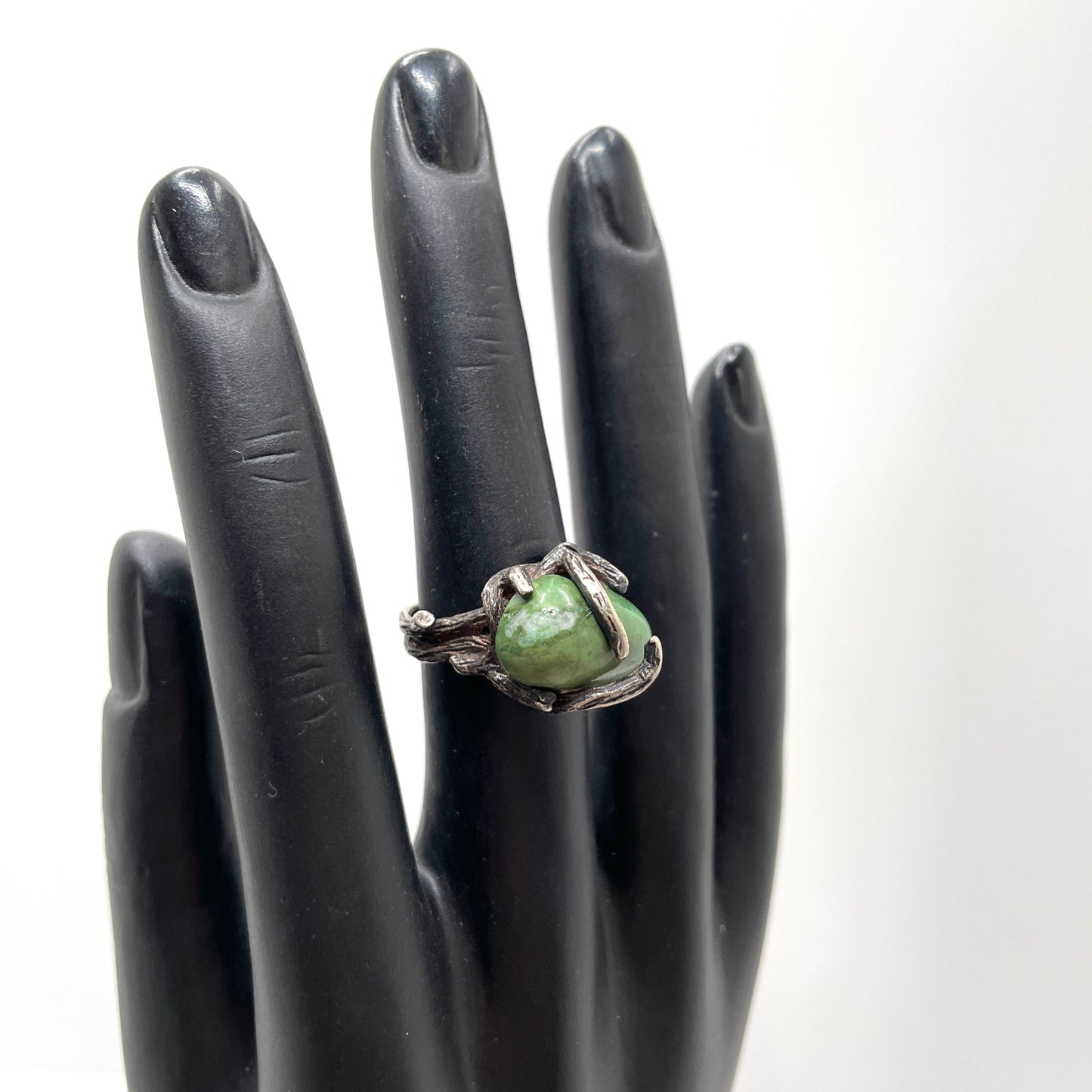Brutalist Silver & Green Stone Ring - Size 7.25