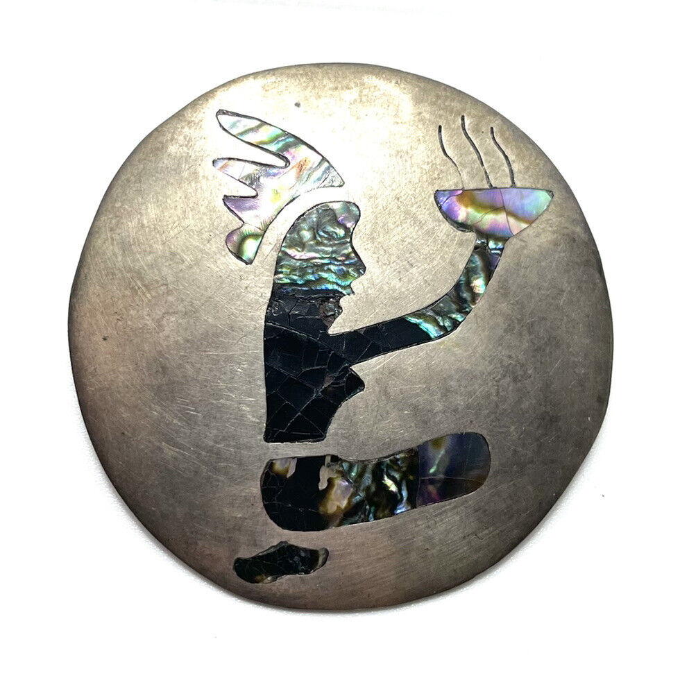 Vintage Taxco Sterling Silver & Abalone Tribal Pin / Pendant
