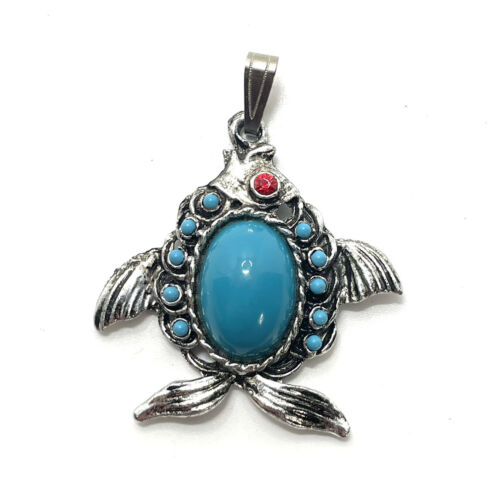 Fish Necklace Pendant Silver Tone Blue & Red Stones