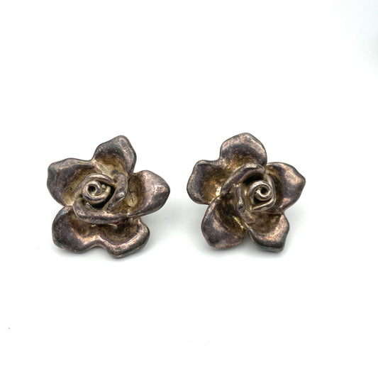 Vintage Sterling Silver Rose Clip Earrings