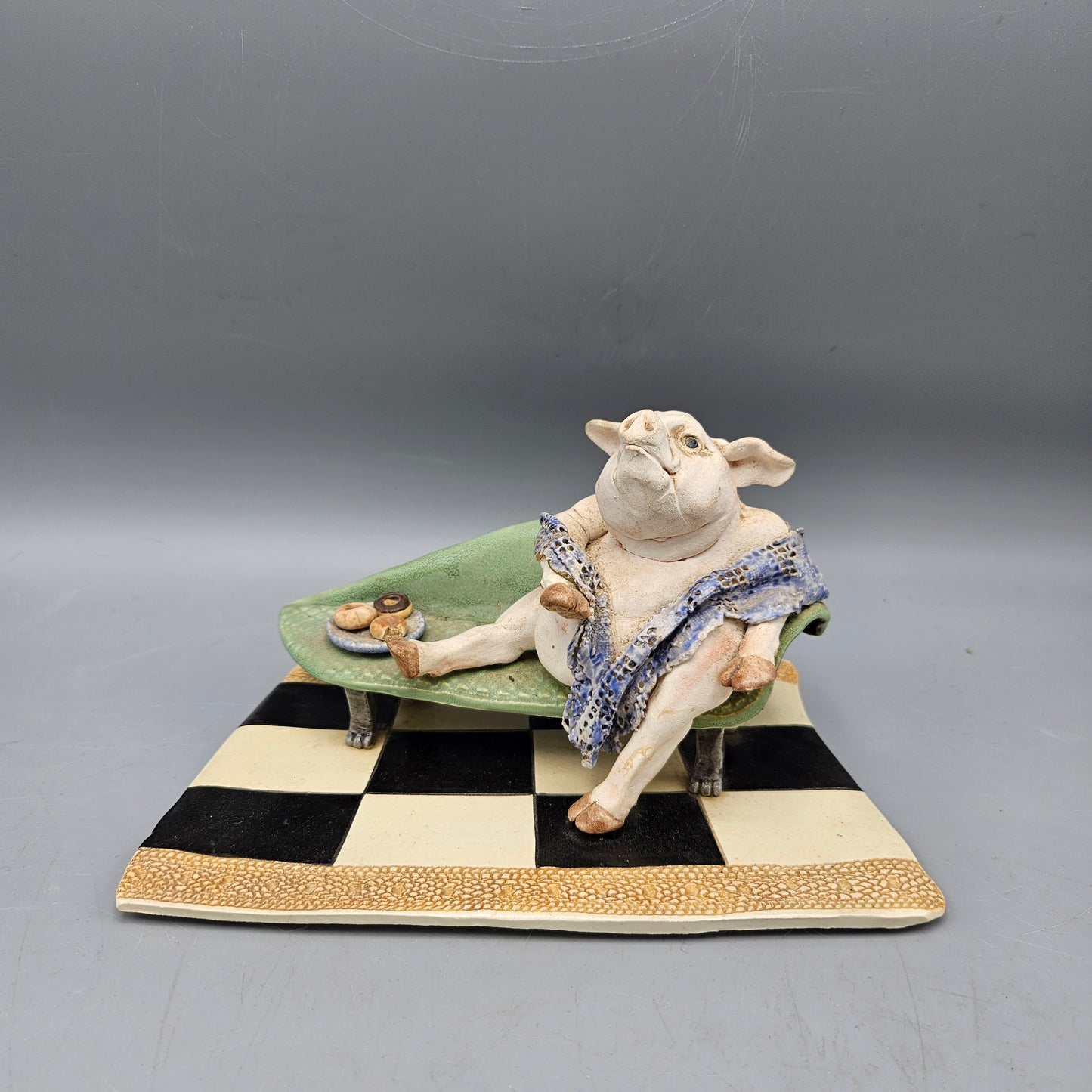 Studio Pottery Ceramic Pig on Sofa Sculpture