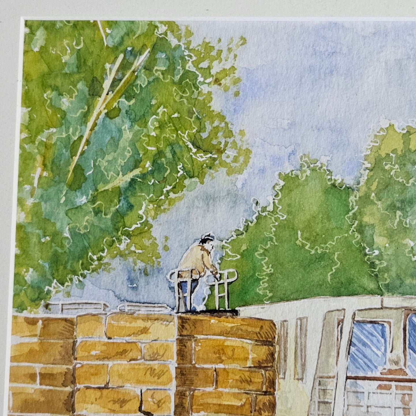 Signed French Canal Boat Watercolor