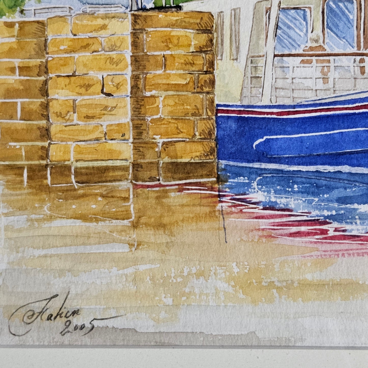 Signed French Canal Boat Watercolor
