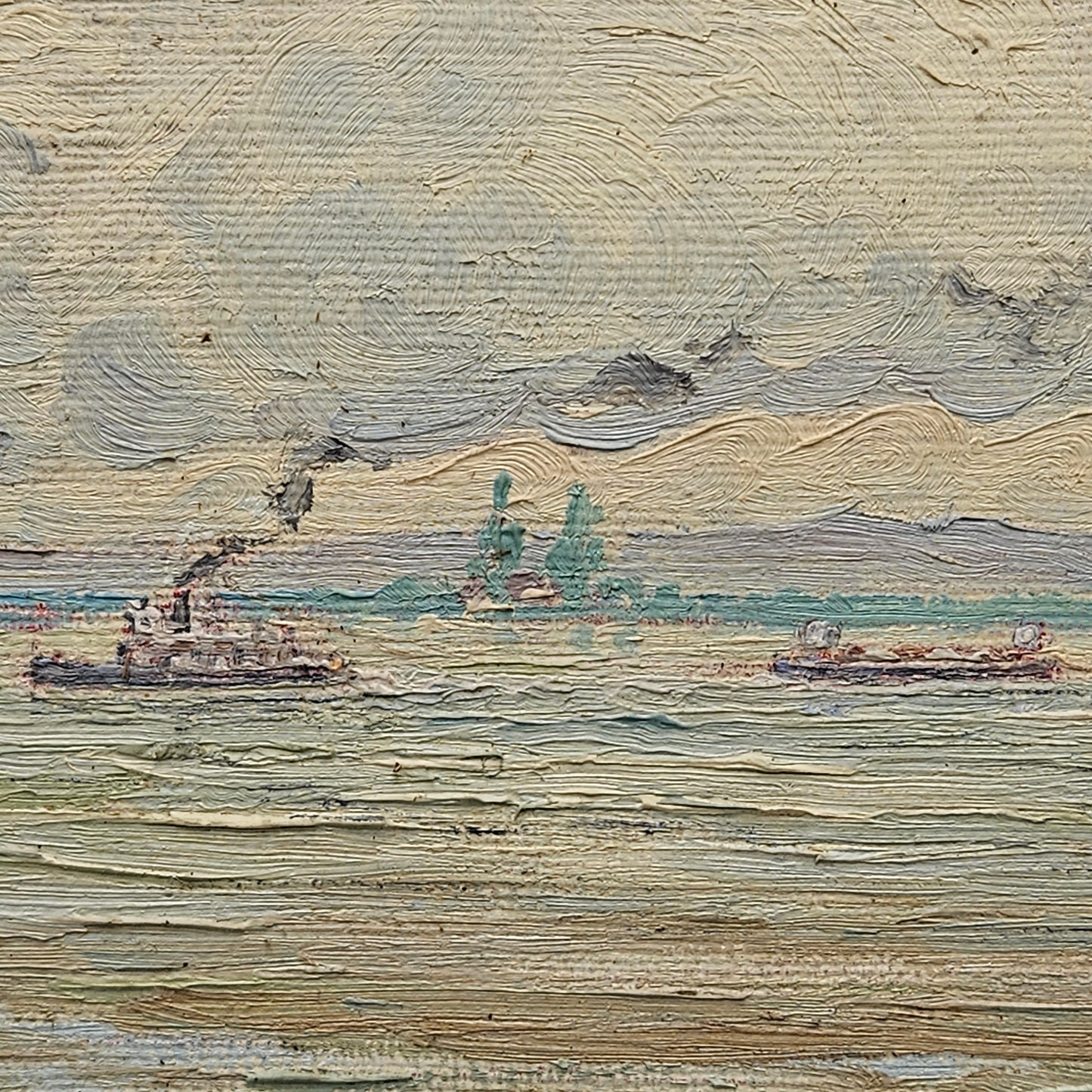 John Henry Ramm (1879-1948) Oil on Board Tugboats in Fog San Francisco Bay