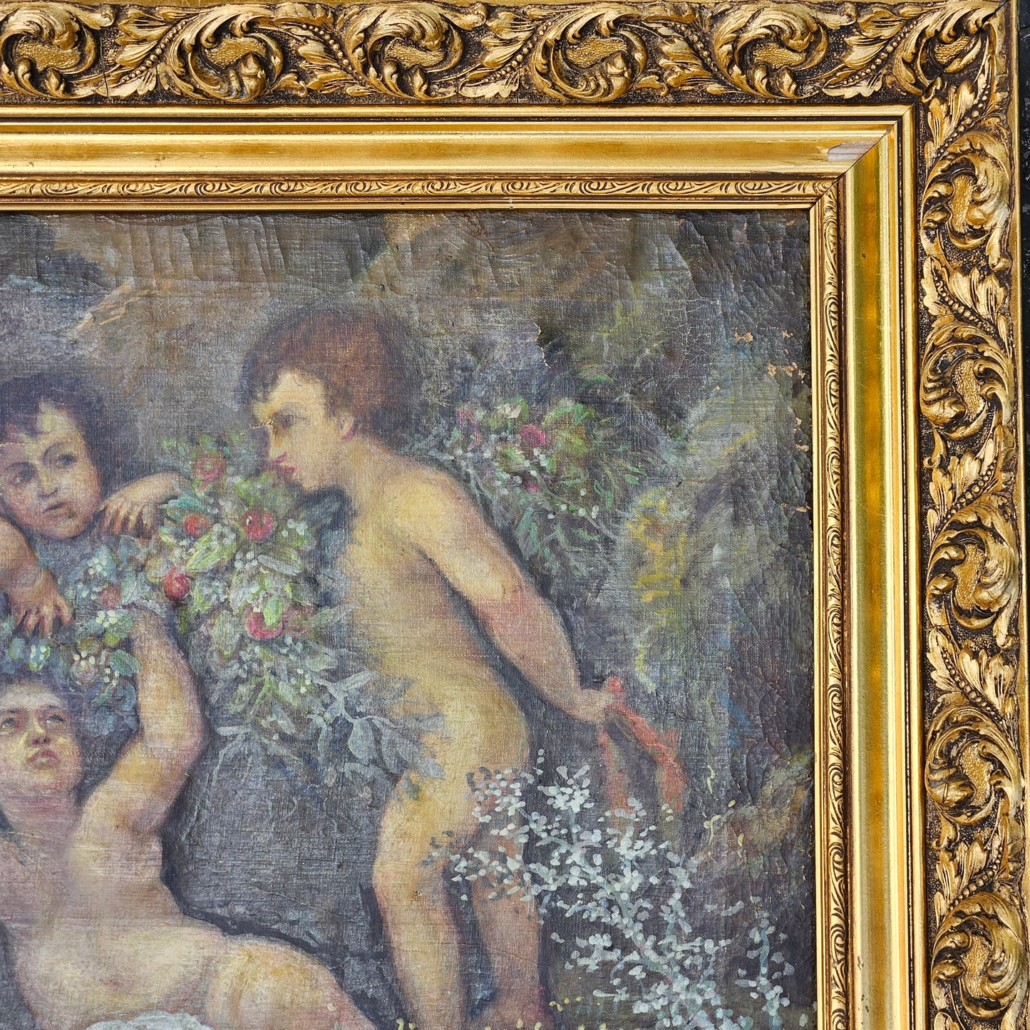 Continental Oil on Canvas - Children with Floral Garland