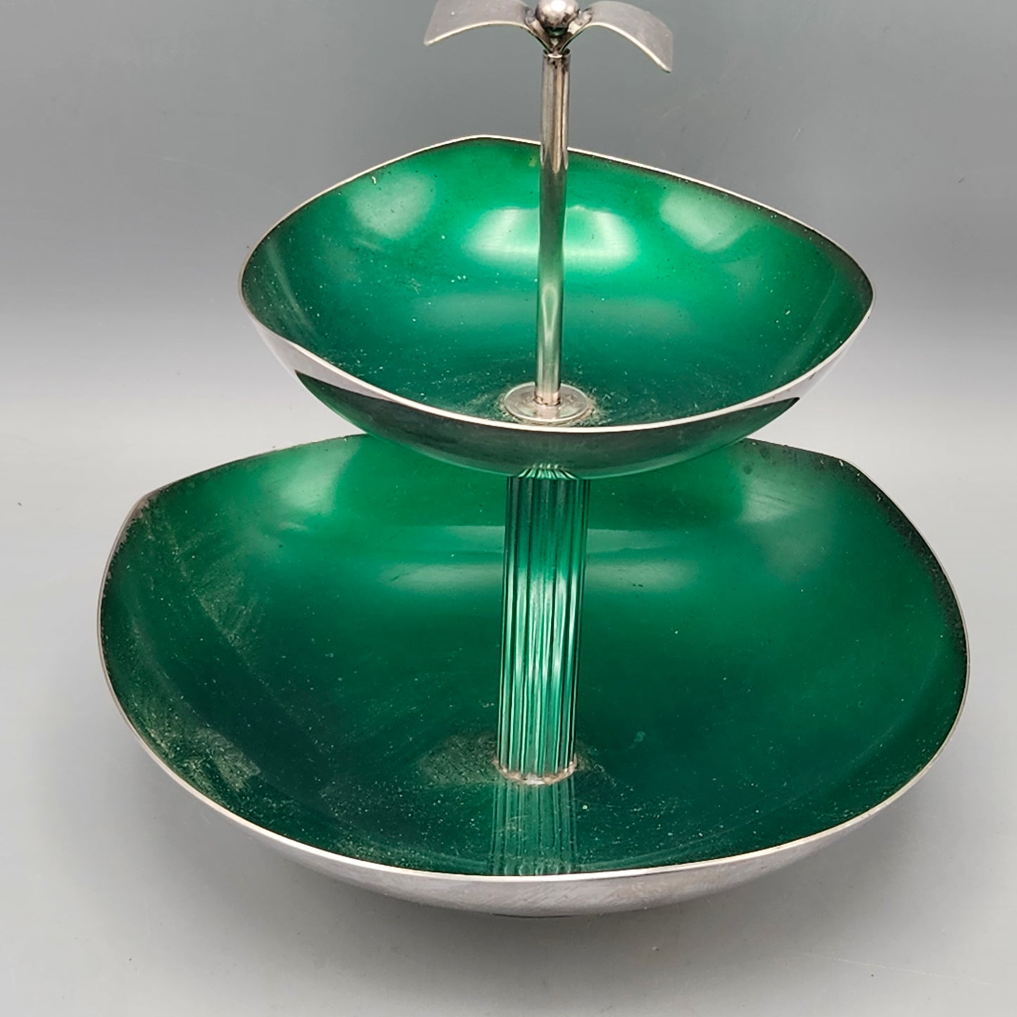 MCM Green Enamel and Silverplate Two-Tiered Server