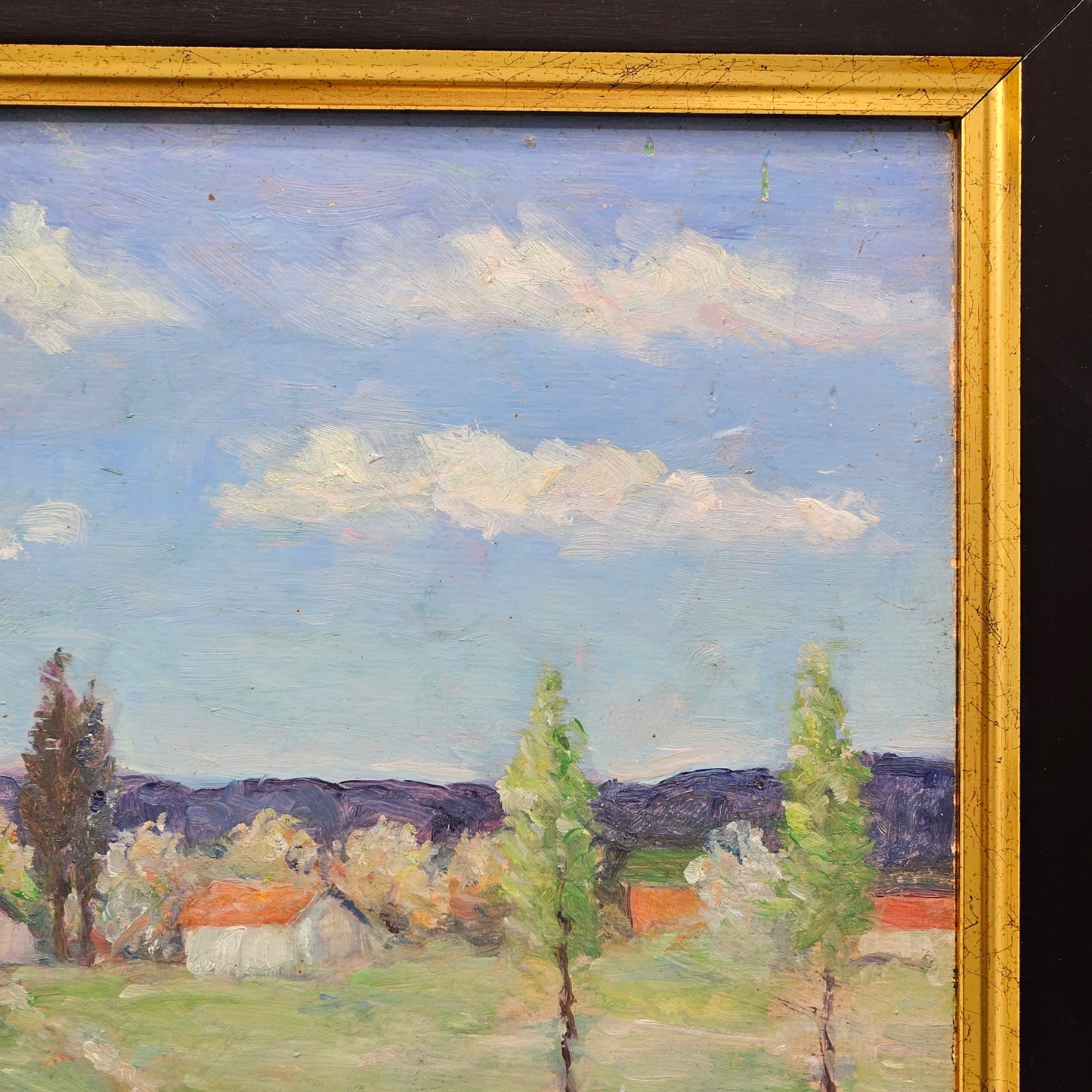 Vintage Unsigned Landscape Painting with Cottages Oil on Board