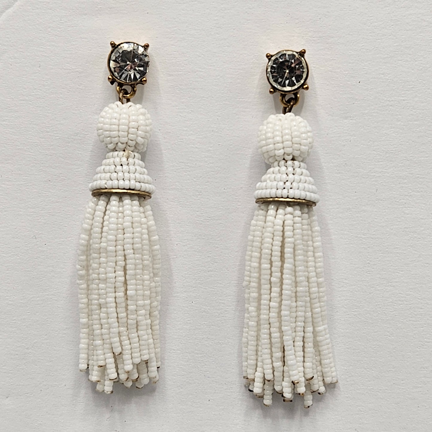 Pair White Glass Beaded Tassel Earrings
