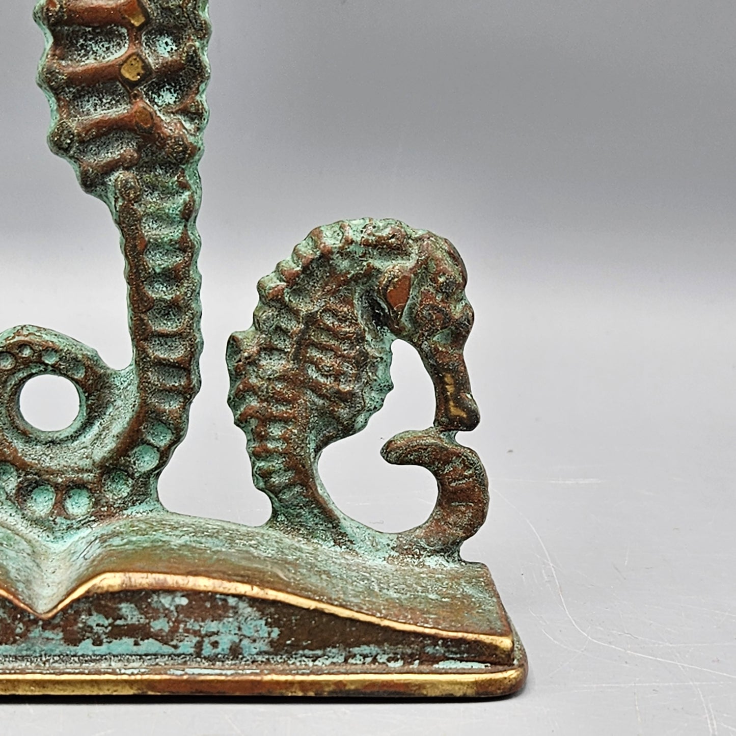Pair Virginia Metalcrafters Patinated Brass Seahorse Bookends