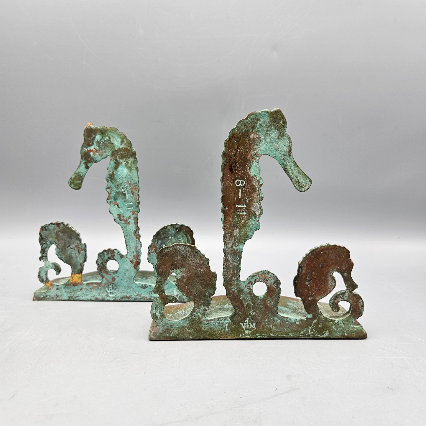 Pair Virginia Metalcrafters Patinated Brass Seahorse Bookends