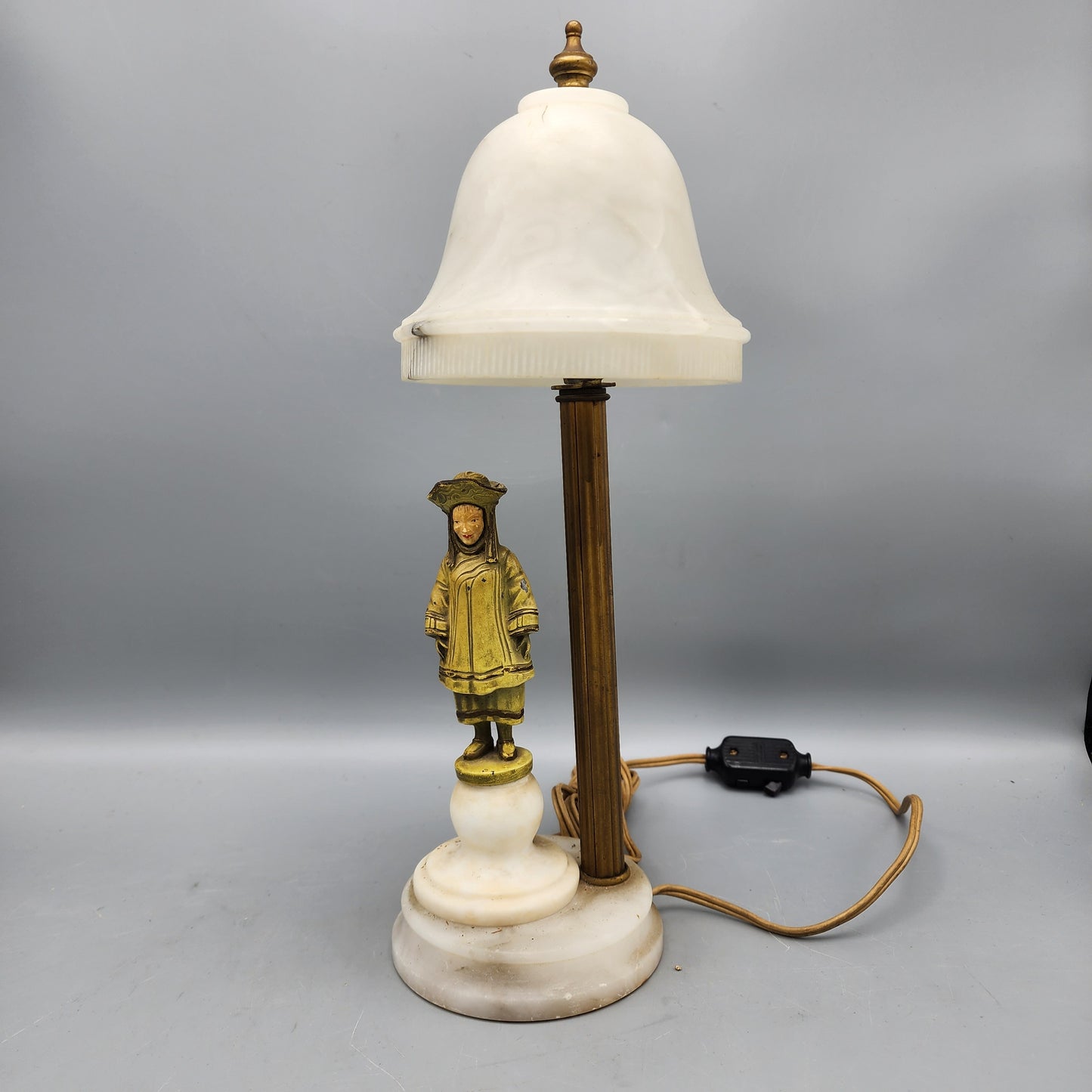 Alabaster Table Lamp with Cold-Painted Bronze Figure & Celluloid Face