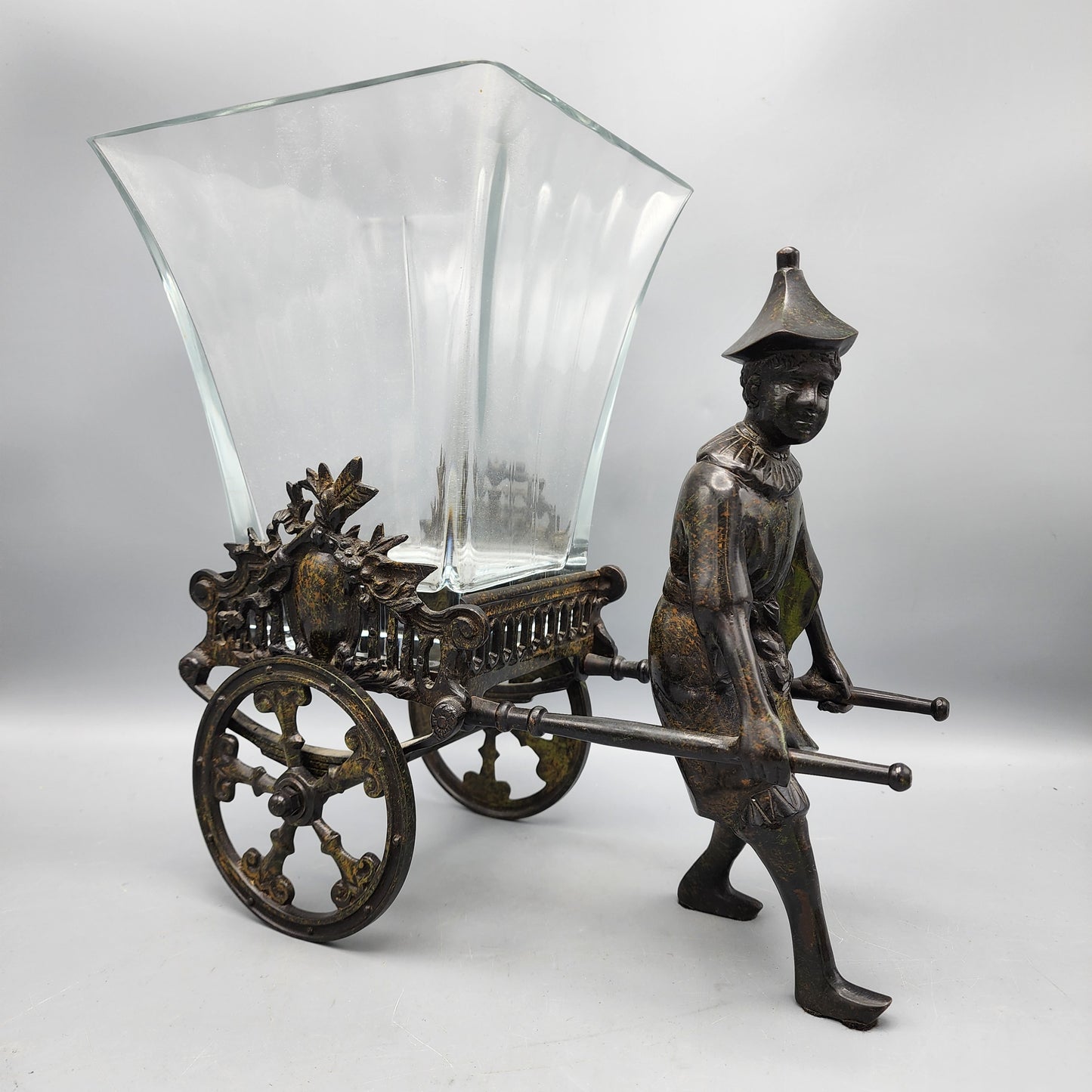 Castilian Crystal Vase on Metal Cart with Male Figure