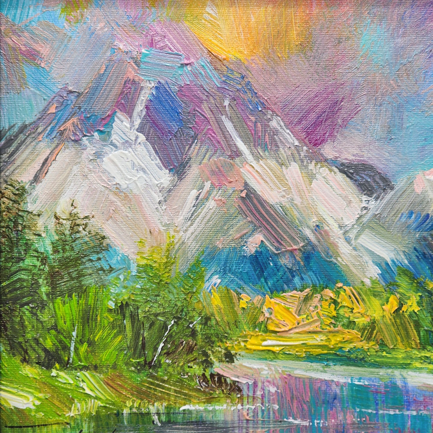 Signed Expressionist Landscape Oil on Canvas Painting of Mountains & River