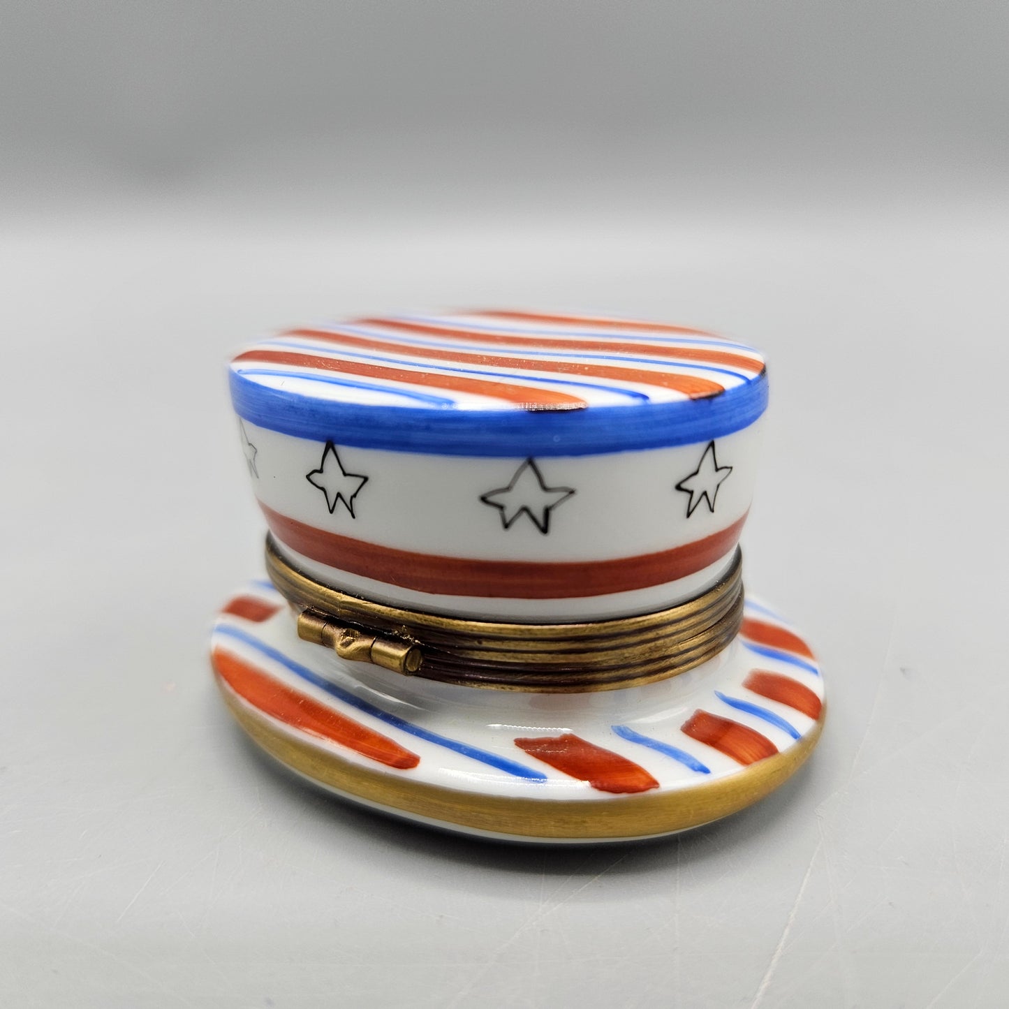 Hand Painted Charmart American Flag Uncle Sam Hat Porcelain Trinket Box - Limoges