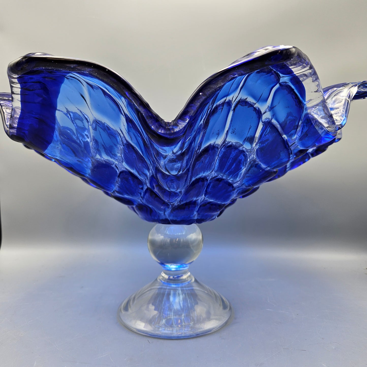 Large Blue and Crystal Art Glass Compote
