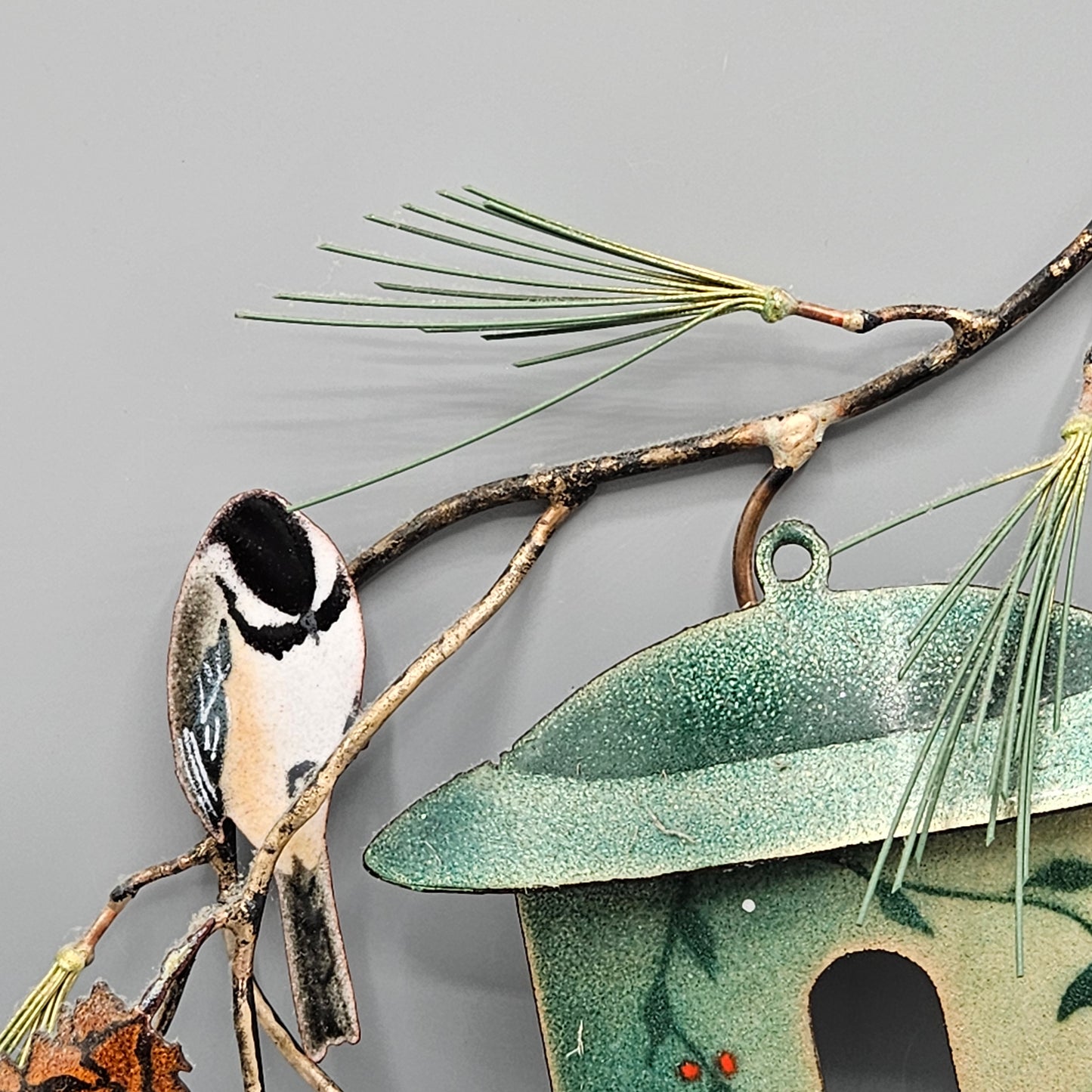 Enamel Birds Wall Art Handcrafted by Bovano of Cheshire Bird in House with Pinecones