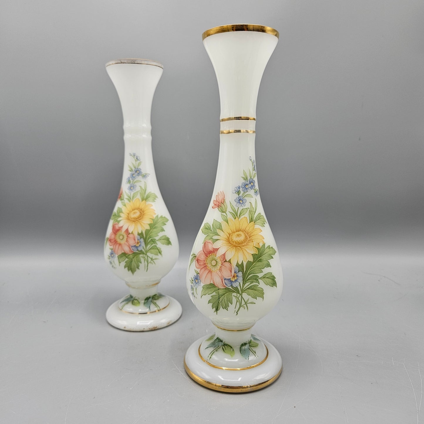 Pair of Vintage Milk Glass Vases with Flower Decoration