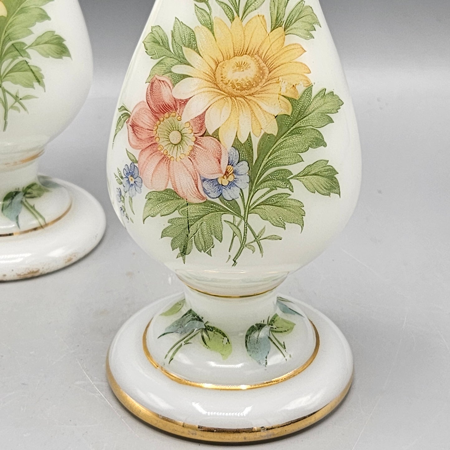 Pair of Vintage Milk Glass Vases with Flower Decoration