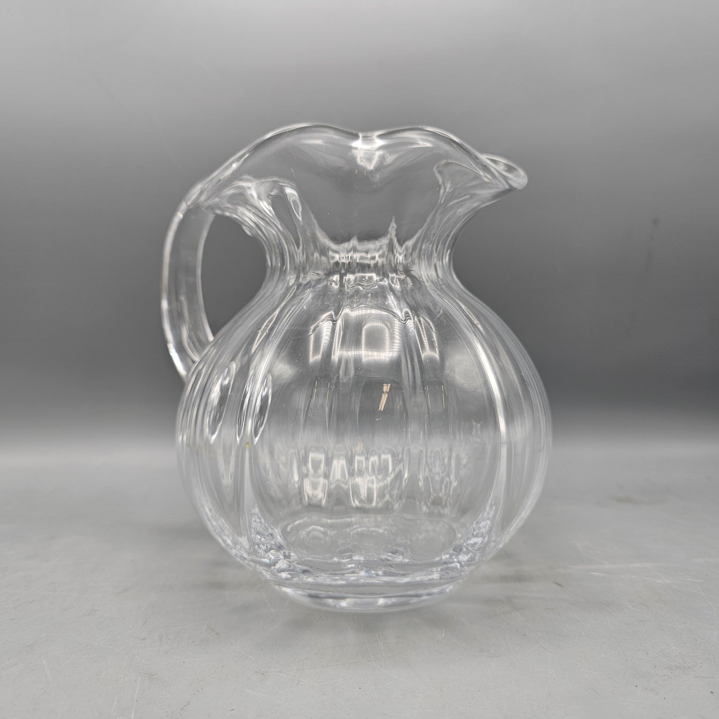 Vintage Hand Blown Glass Pitcher with Ruffled Edge and Ribbed Design