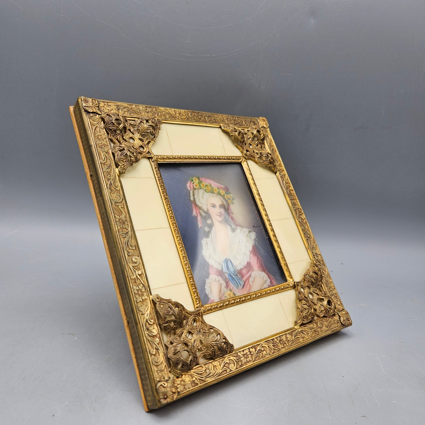 Antique Framed French Portrait of Woman in Ornate Gold Frame with Bone Design