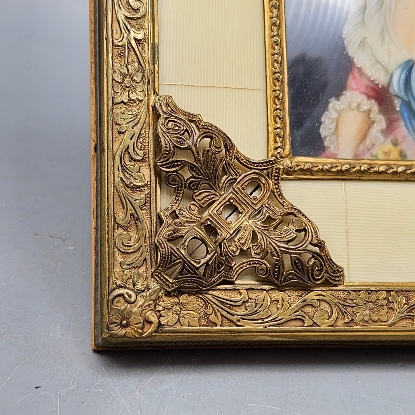 Antique Framed French Portrait of Woman in Ornate Gold Frame with Bone Design