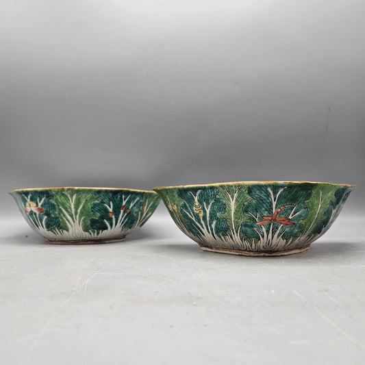 Pair of Antique Chinese Famille Rose Bok Choy Bowls