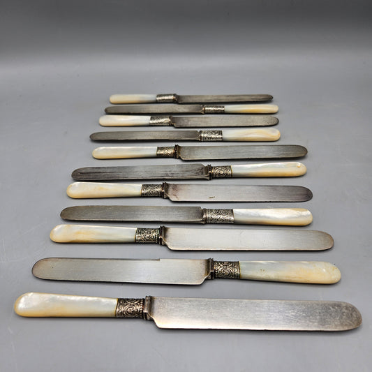 Set of 11 Antique Mother of Pearl Handle Silver Plate Knives