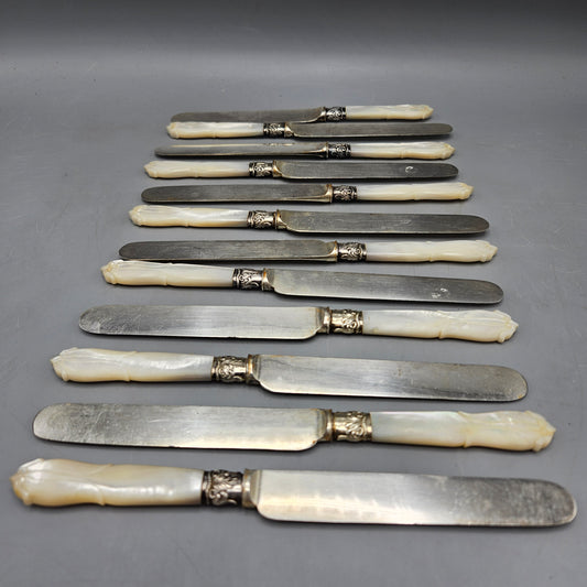Set of 12 Antique Mother of Pearl Handle Silver Plate Knives