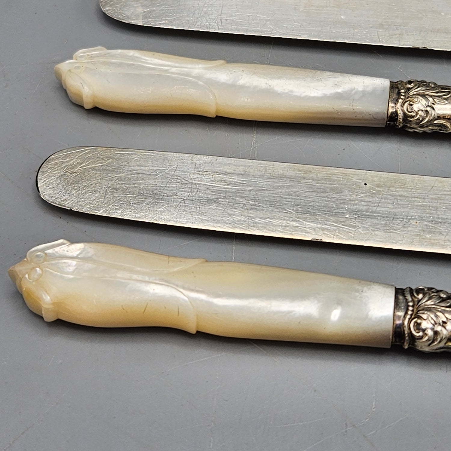 Set of 6 - Vintage German Made Mother of Pearl & Sterling Band Knives