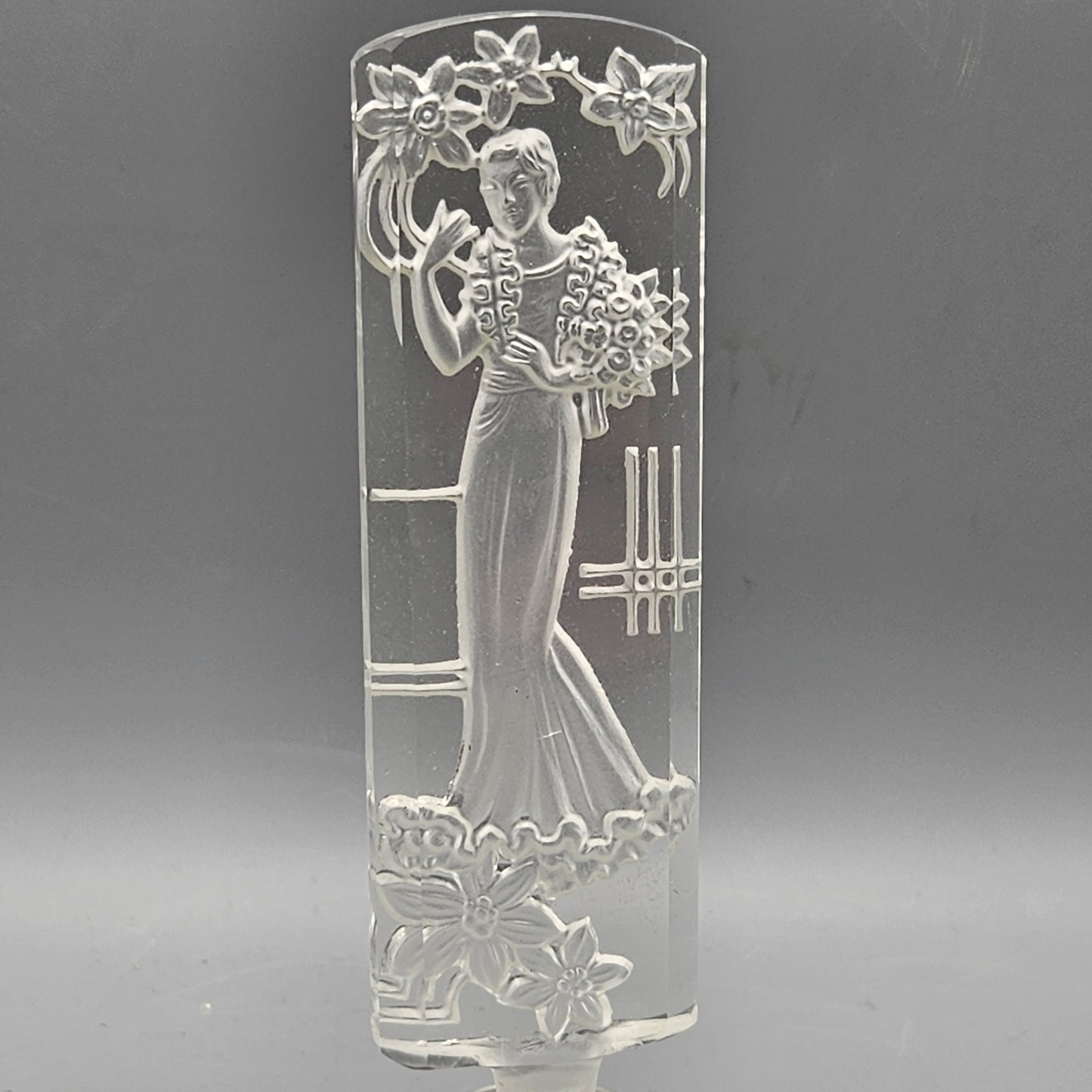 Vintage Czech Clear Crystal Carved Woman Perfume Bottle Made In Czechoslovakia