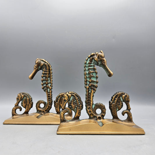 Pair Virginia Metalcrafters  E.T. Hurley Style Patinated Brass Seahorse Bookends