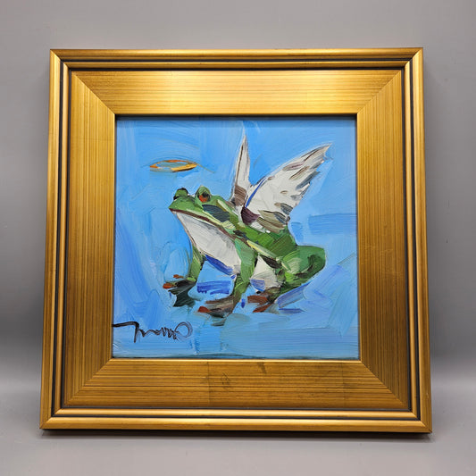 Jose Trujillo Original Oil Painting on Canvas of Frog with Halo in Gold Gilt Frame