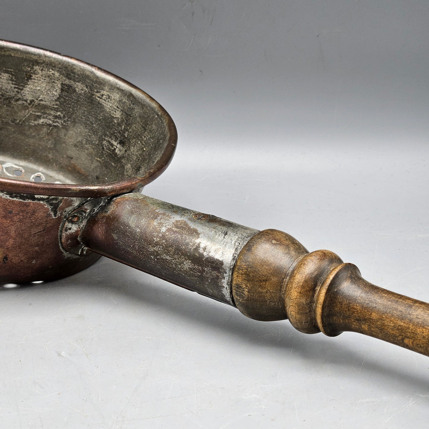Antique Copper Ladle Sieve with Wooden Handle