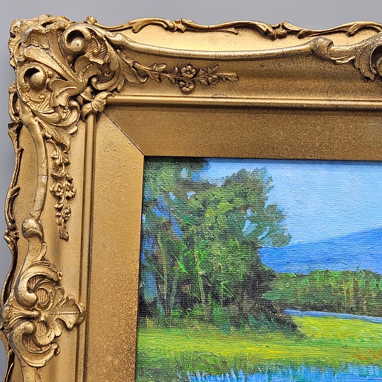 Beautiful Colorful Landscape Painting in Antique Gold Gilt Ornate Frame