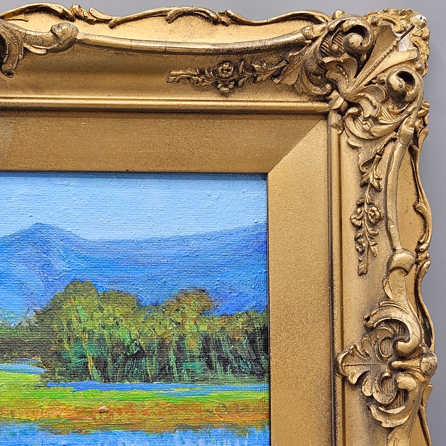 Beautiful Colorful Landscape Painting in Antique Gold Gilt Ornate Frame