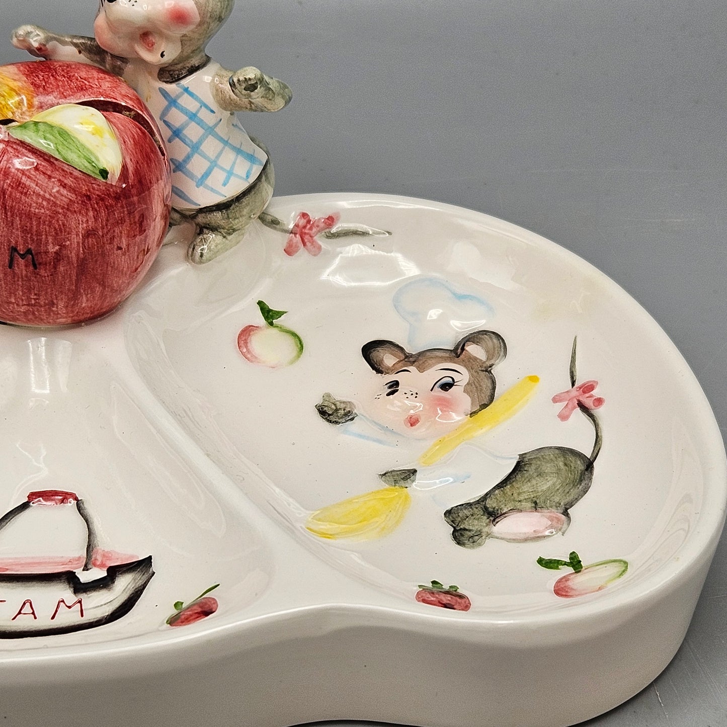 Lefton Porcelain Jam Tray with Mice and Apple