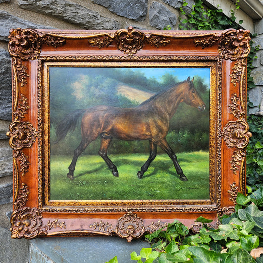Signed Decorator Painting of Horse in Ornate Frame