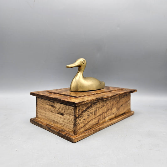 Vintage Wooden Box with Brass Duck Decoy Decoration
