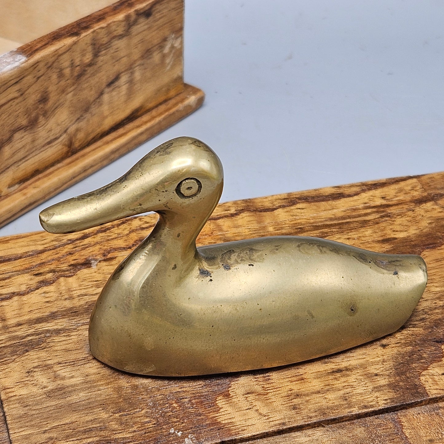 Vintage Wooden Box with Brass Duck Decoy Decoration