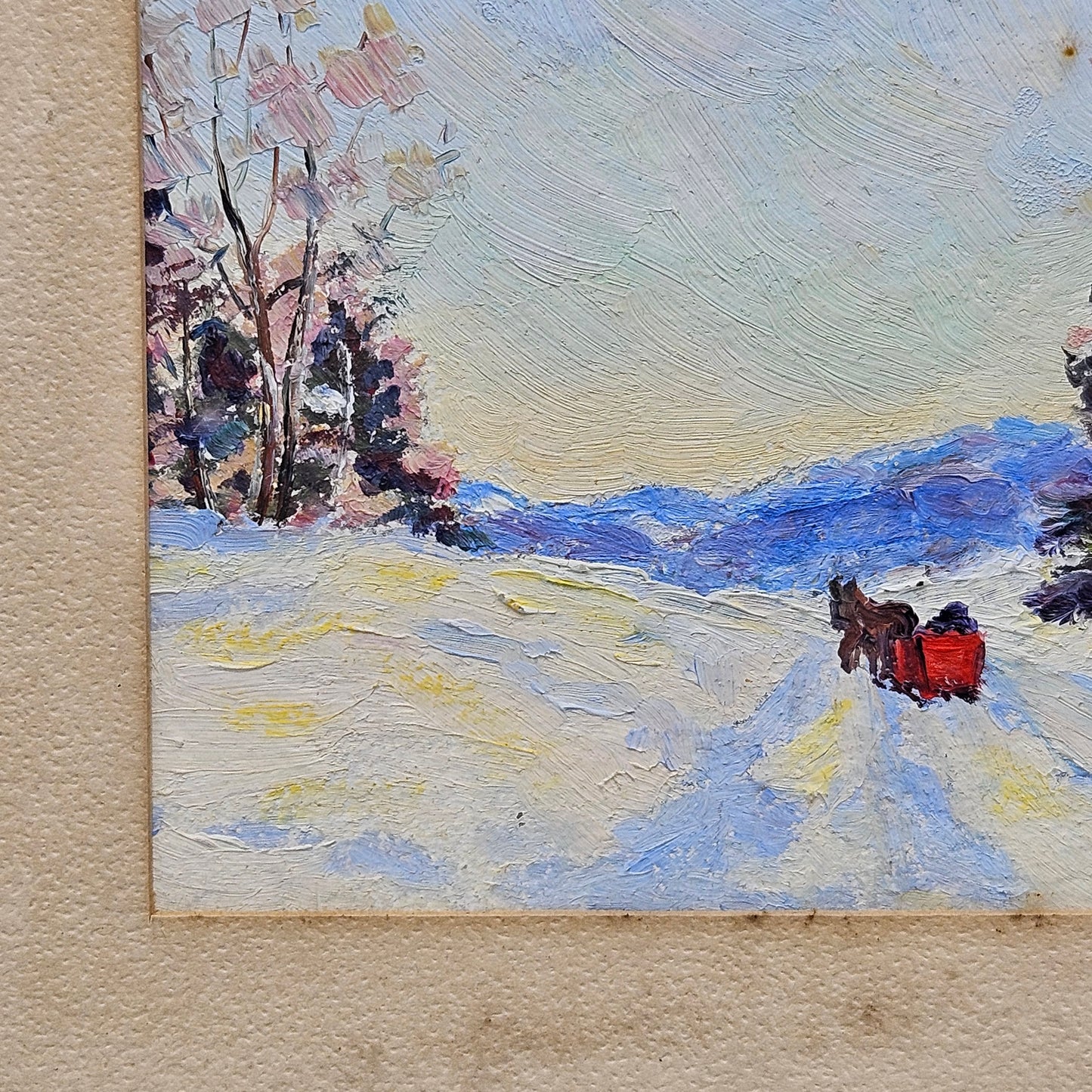 Antique Framed Painting of Winter Scene - Horse & Carriage in Snowy Landscape